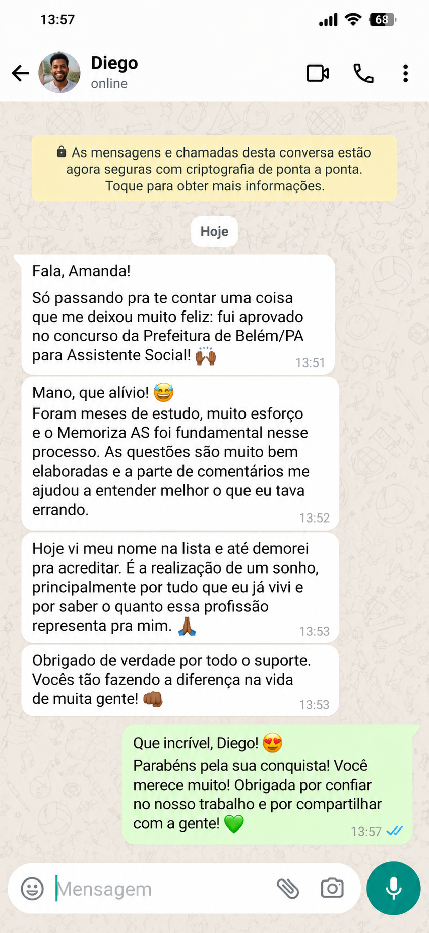 Relato de aprovação de quem treinou com o Memoriza AS